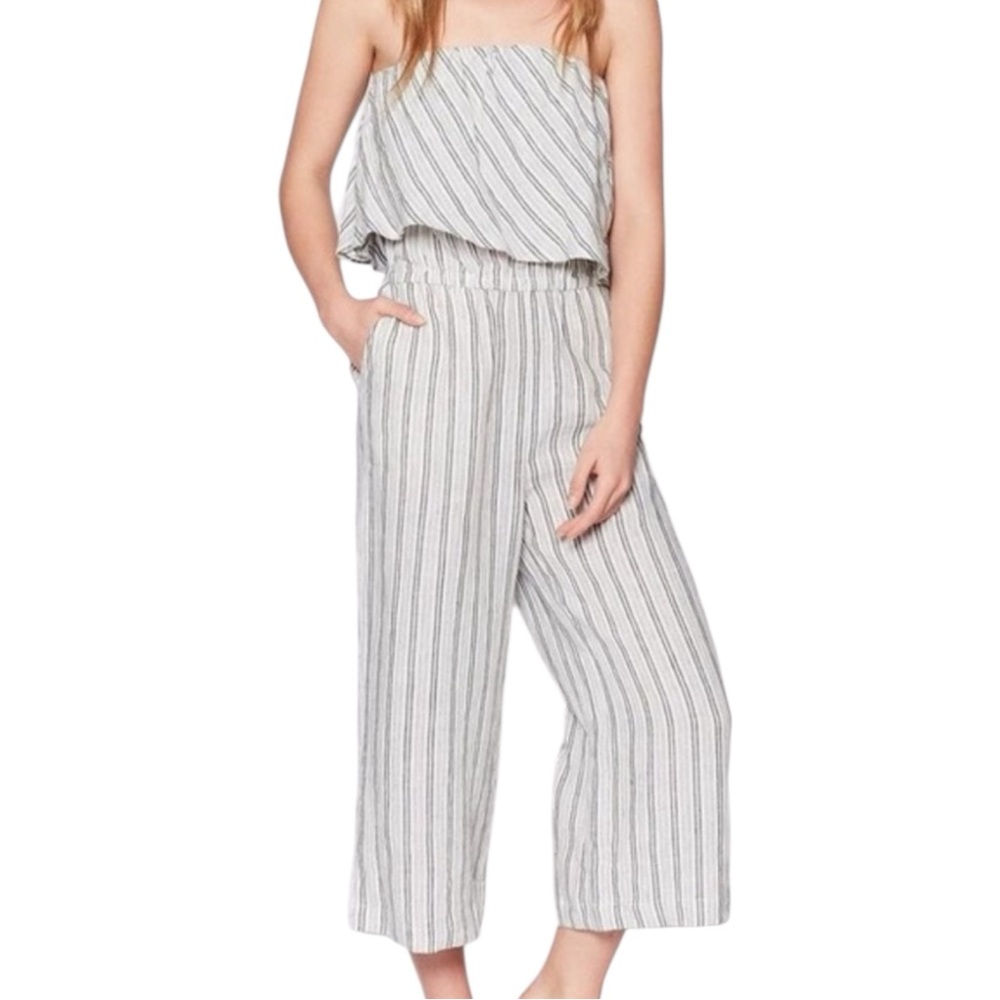 JOIE Brogan Linen Striped Strapless Wide Leg Jumpsuit in Green/Ivory Size Small - Picture 6 of 12
